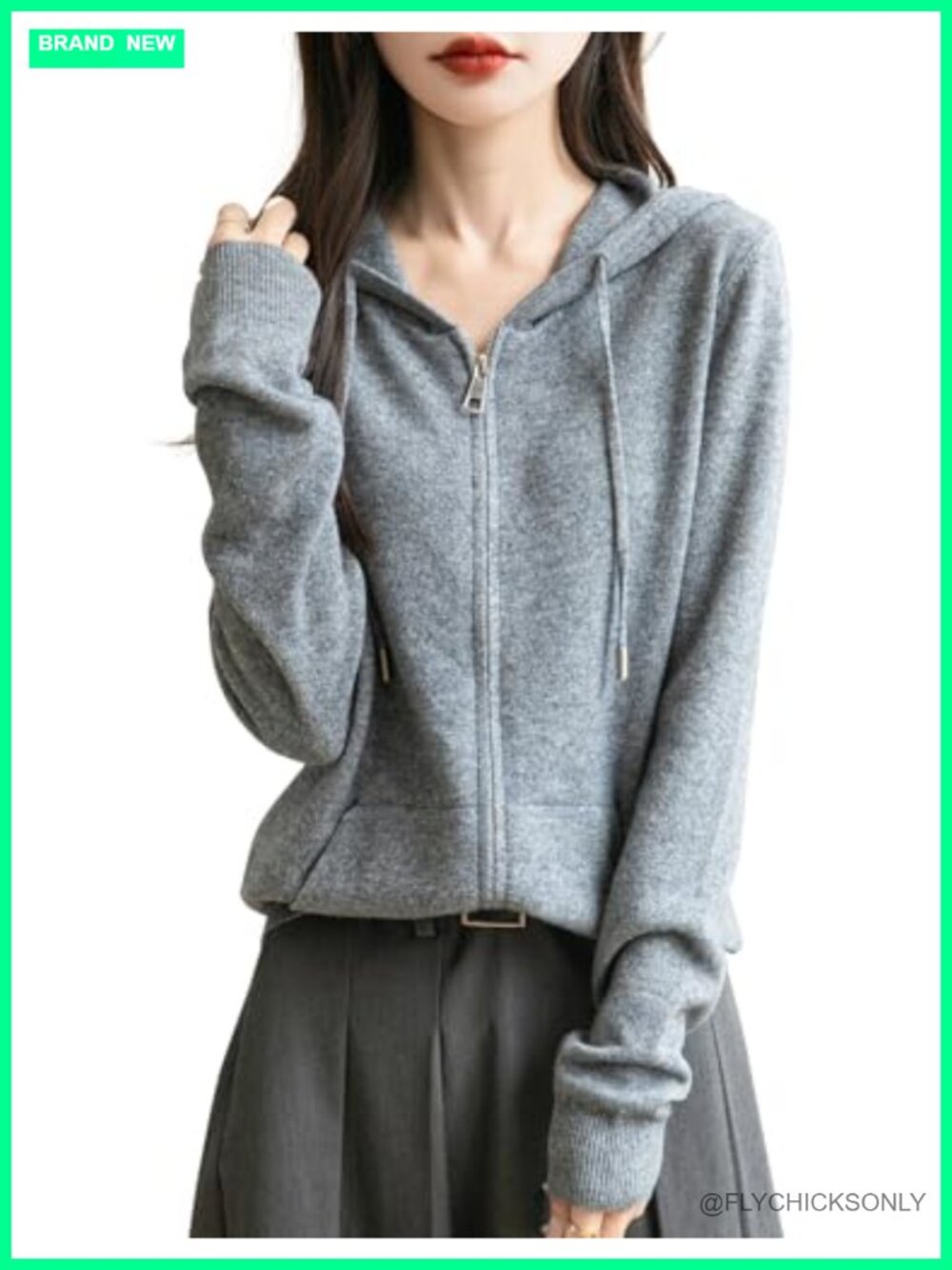 100% Merino Wool Zip Up Hoodie Long Sleeve Knit Cardigan with Pocket